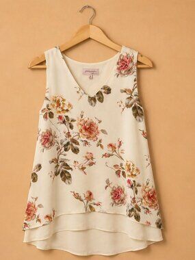 Philosophy Floral Sleeveless Blouse Cream Pink Boho Flowy Top Size M